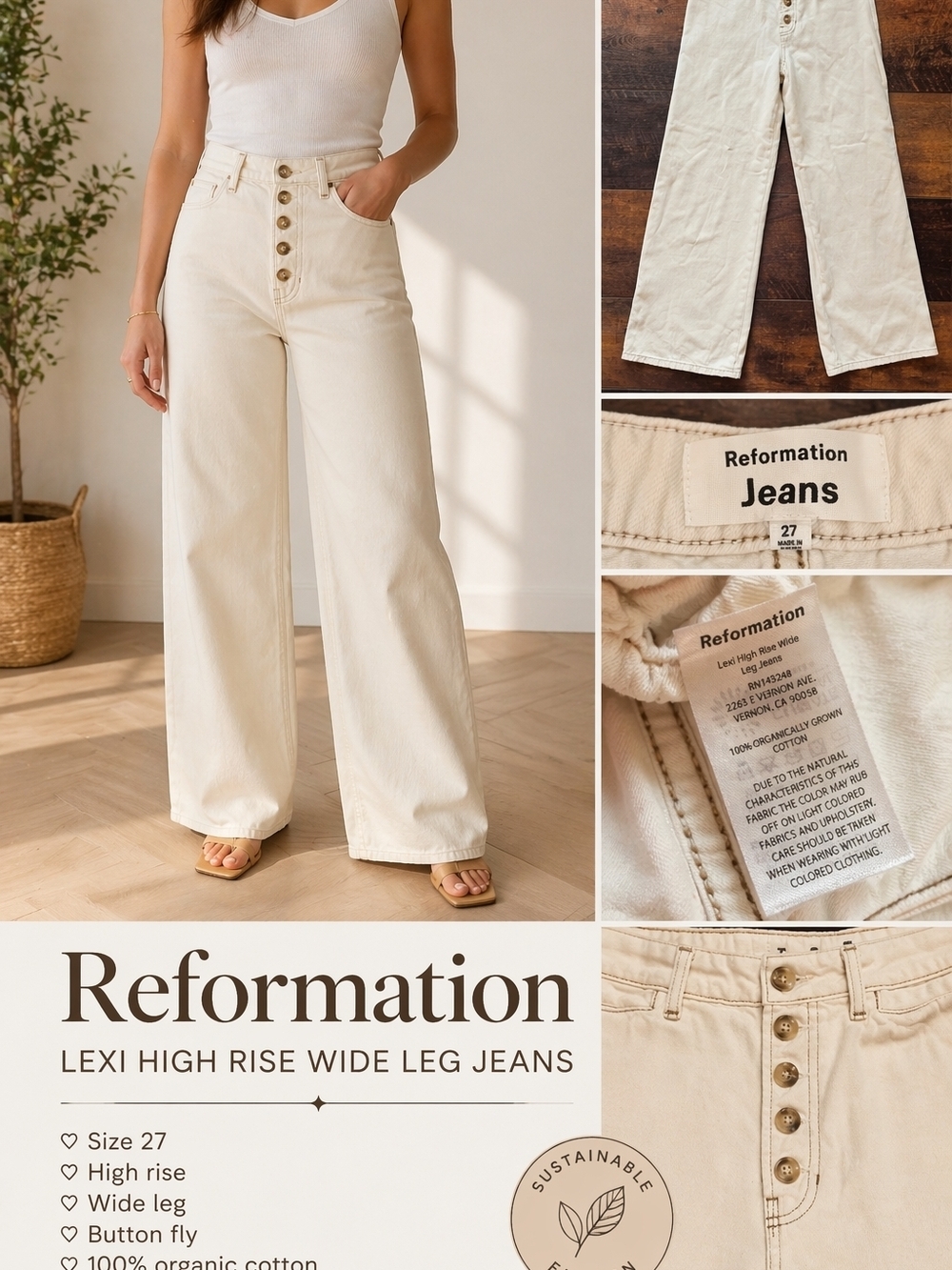 Reformation Lexi High Rise Wide Leg Jeans Cream Ivory Size 27 Button Fly